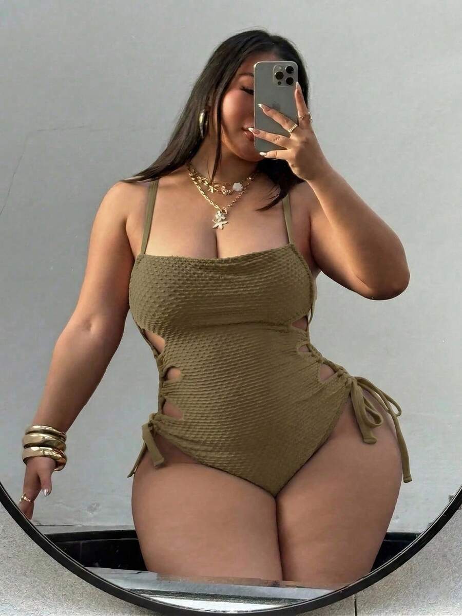 Swim SXY 2026款加大码连体泳衣，夏季沙滩镂空抽绳侧吊带性感连体泳装 - 棕色 - 查看 1