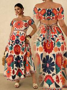 Ceyna Đầm tay ngắn kiểu Pháp cỡ lớn, họa tiết nhiệt đới, buộc dây phía sau, thích hợp cho mùa xuân/hè. - trái cam - Xem 1