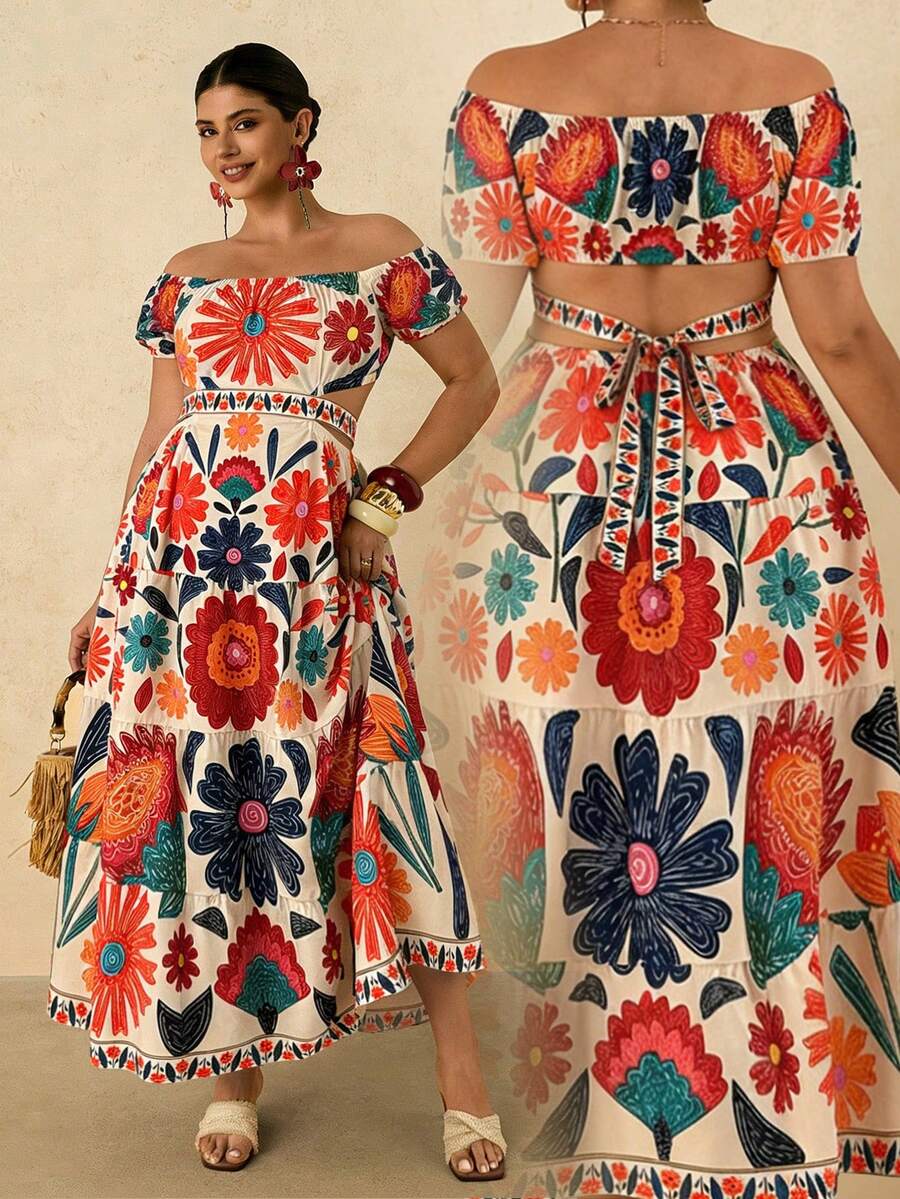 Ceyna Đầm tay ngắn kiểu Pháp cỡ lớn, họa tiết nhiệt đới, buộc dây phía sau, thích hợp cho mùa xuân/hè. - trái cam - Xem 1