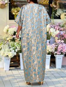 SHEIN CURVE+ Đầm dài tay thanh lịch, in họa tiết cổ điển, tối giản, kiểu dáng truyền thống, thích hợp mặc vào mùa xuân và mùa hè. Đầm dài tay trang nhã, cỡ lớn, thiết kế cổ tròn, thích hợp mặc vào mùa xuân. - màu đen - Xem 2