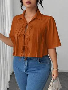 Elenzga Áo sơ mi nữ cỡ lớn đơn giản, màu trơn, thắt nơ phía trước, dáng ngắn, thanh lịch, thích hợp cho mùa hè. - Màu Cam san hô - Xem 4
