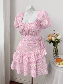 Sweetra 大码甜心领短袖格子雏菊印花荷叶边下摆系带蝴蝶结复古休闲优雅甜美褶裥连衣裙 - 粉色 - 查看 5