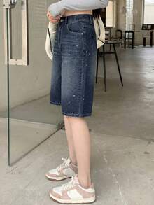 DAZY Women's Casual Washed Rhinestone Decorated Wide Leg Jeans - Blue - View 6