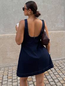 SHEIN CURVE+ 大码纯色圆领无袖简约牛仔连衣裙，百搭夏季单品，适合各种场合，包括夏季连衣裙、女士夏季服装、春季连衣裙、复活节连衣裙、节日服装、优雅派对连衣裙、沙滩连衣裙、沙滩服装、毕业礼服、休闲连衣裙、度假服装、乡村音乐会服装。 - 深色水洗藍 - 查看 8