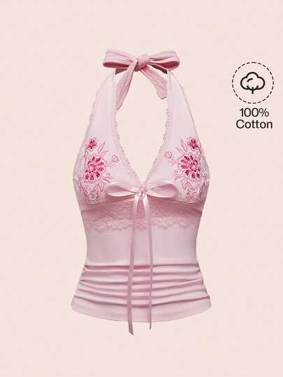 ROMWE Hippie Women's Y2K Floral Print & Contrast Lace Halter Neck Tie-Front Tank Top