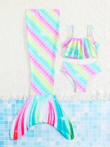 SHEIN Bộ đồ bơi cho bé gái in họa tiết vảy cá, viền bèo nhún, kèm váy đuôi cá, họa tiết ngẫu nhiên. - Nhiều màu - Xem 4