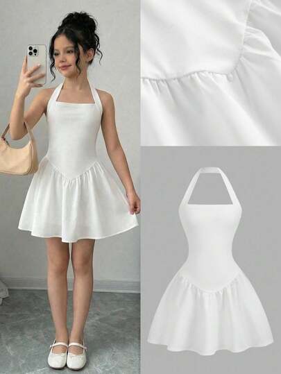 Firerie Kids Vestido corto de línea A de punto blanco elegante y ajustado con tirantes finos para niñas preadolescentes, adecuado para fiestas, salidas y atuendos de vuelta al colegio