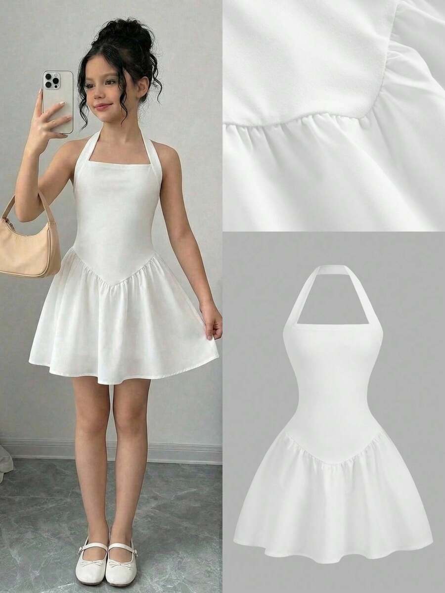 Firerie Kids Đầm mini dáng chữ A màu trắng thanh lịch, dây mảnh, ôm sát, thích hợp cho bé gái tuổi teen, dự tiệc, đi chơi, hoặc mặc đi học. - trắng - Xem 1