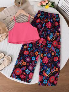 SHEIN Sparklyn Tween Girls Vacation Set, Layered Ruffle Camisole + Floral Print Wide Leg Pants, & Elegant For Daily , Beach Trip, Photo Shoot - Multicolor - View 2