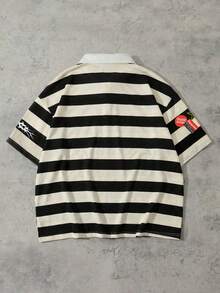 ROMWE MEN Prep 男士字母条纹印花短袖 Polo 衫，宽松版型 - 黑與白 - 查看 3