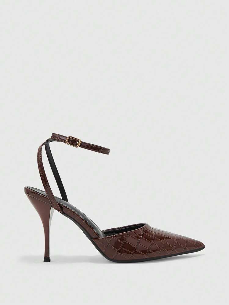 CUCCOO BIZCHIC Dark Brown Stone Pattern Glossy Thin Heel Closed Toe Sandals Double Belt Slingback Women's High Heel Shoes