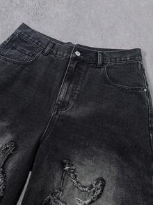 Manfinity Denimwave Vintage American Personalized Frayed Hem High Street Embroidered Washed Loose Barrel Leg Jeans, Versatile For Daily Wear - Black - View 5