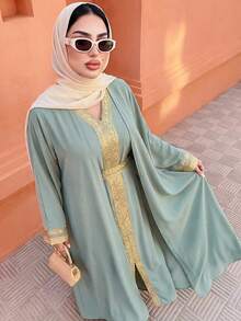 Elenzga 女士休闲绿色蕾丝拼接无袖连衣裙，配宽松外袍，两件套，早春 - 薄荷綠 - 查看 4