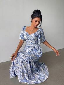 Selianne Đầm maxi hoa nhí tay ngắn mùa hè, thích hợp cho kỳ nghỉ biển, lễ hội âm nhạc. - Màu xanh lam - Xem 5