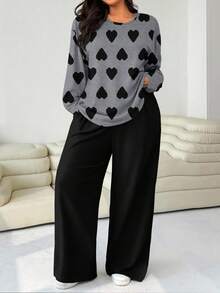 Solflare 两件套加大码女式爱心印花宽松圆领T恤和直筒裤 - 彩色 - 查看 4