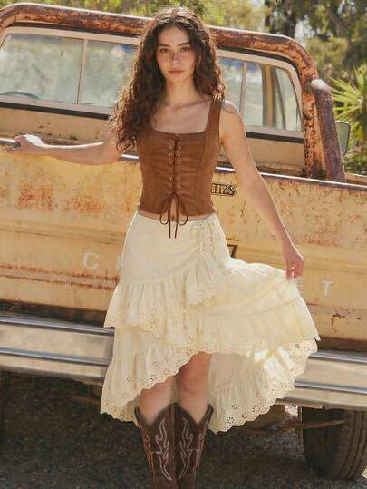 SHEIN MOD Women's Summer Casual Vacation Style Solid Color Drawstring Ruched Knot Schiffy Ruffle Asymmetrical Hem Skirt,Spring /Summer Outfits Women, Vacation Outfits Women,Party , Garden Party ,  Elegant Party, Going Out Outfits,Beach,Summer Holiday Outfits ,Festival, Picnic Bottom, Birthday,Cute, Y2k,Boho,Western,Embroidered Skirt