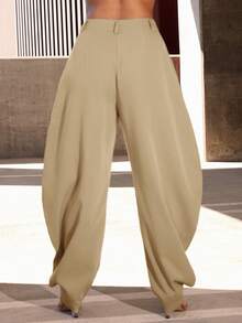 Vixey High Waisted Barrel Office Pants With Gold Button Cuffs - Khaki - View 5