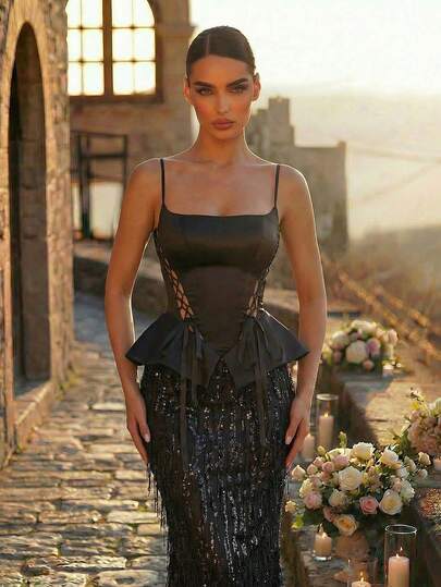 Glamrae Elegant, Glamorous, And Stylish, This Black, Sequined, Tasseled, Luxurious Satin Halter-Neck, 2 In 1 Skirt Features A Waist Tie Detail With A Bow Embellishment And A Fishtail Silhouette. Suitable For All Formal Occasions, Holiday Parties, Wedding Guests, And Elaborate Gowns.