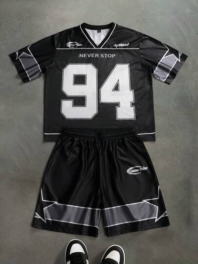 PAVTROS Męski zestaw: koszulka i spodenki z nadrukiem gwiazd i cyfr