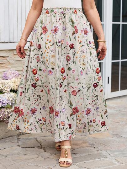 Reflora Váy xòe thoải mái, màu hồng in họa tiết dày dặn, cỡ lớn, dành cho mùa hè.