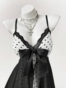 Sunspun Plus Size Polka Dot Contrast Color Bow Tie Strap Dress, Spring/Summer - Black and White - View 6