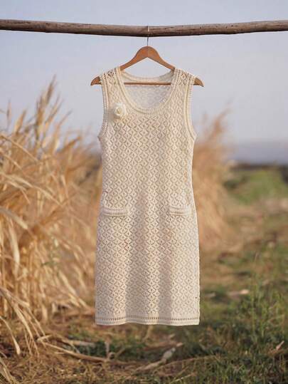 Zanirela Zanirela Women's Apricot Sleeveless Knit Dress With 3D Floral Decor, Suitable For Spring/Summer Vacation & Date Women Short Dresses Summer Knitted Mini Dress For Women,Summer Dresses	Wedding Guest Dress.White Dress