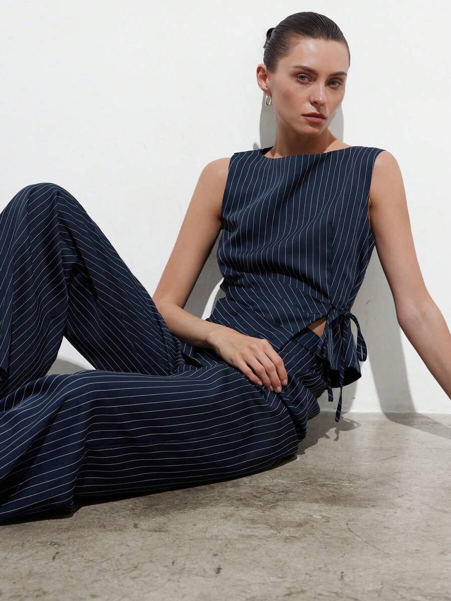 Aveloria Modichic Women's Two-Piece Set Navy Blue,Summer,Elegant,Office Worsted Suit Fabric Slim Fit Waist Strapped Wrap Asymmetric Hem Mock Neck Sleeveless Pants Set - Blue - View 1