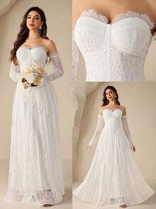 Coutiva New Arrival Long Sleeve Lace Fashionable Slimming Off-Shoulder Wedding Dress Wedding Dresses For Women Bridal Dresses Lace Wedding Dress Strapless Wedding Dress Long Sleeve Wedding Dress White Lace Dresses Strapless Dresses Off Shoulder Dresses - White - View 3