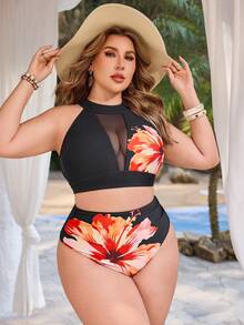 Swim Lushoire 2026新款加大码女式花卉印花网纱拼接泳装套装 - 黑色 - 查看 4