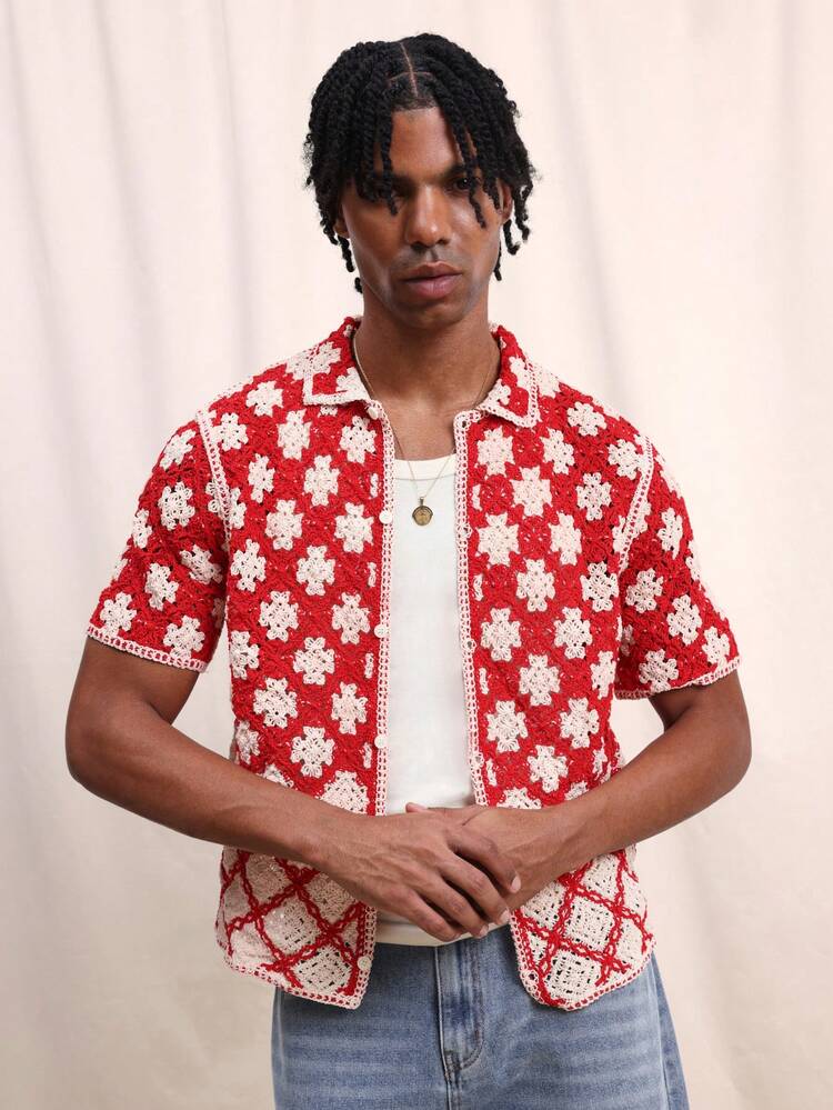 Men's Crochet Box Fit Resort Shirt Short Sleeve Button Up Red White Floral Pattern Summer Vacation Beach Casual Tropical Style Collared Top