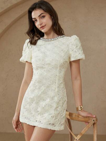 Aveloria Rosie Ivory White Intricate Embroidered Dress, Delicate Handcrafted Embroidery, Exquisite Vintage-Inspired Beaded, Sequined And Chain Detailing, Elegant Retro Style, Suitable For Formal Occasions, Parties, Dates, Picnics, With Puff Sleeves And Sequins Collar Decorative Elements