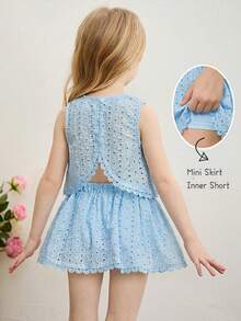 Emery Rose Kids Emery Rose Kids 少女编织刺绣纯色圆领不对称蕾丝下摆休闲上衣和迷你裙两件套，可爱、优雅、甜美、复古又时尚。适合妈妈、女儿、姐妹搭配，度假、节日、上学、日常穿着、居家聚会和特殊场合，春夏皆宜。 - 淺藍色 - 查看 4