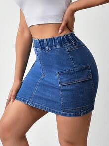 Flexra Women's Elastic Waist Cargo Pocket Bodycon Denim Mini Skirt - Blue - View 4