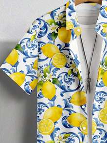 VIVINTIMO Men's Lemon Fruit Allover Print Casual Shirt,European Printed Pattern,White And Blue Floral,Summer,Boho,Holiday,Vacation,Holiday,Fresh Comfortable - Multicolor - View 3