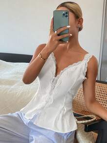 DAZY Áo hai dây nữ thanh lịch mùa hè, thắt eo bằng ren tương phản, dáng xòe, thích hợp cho kỳ nghỉ. - trắng - Xem 2