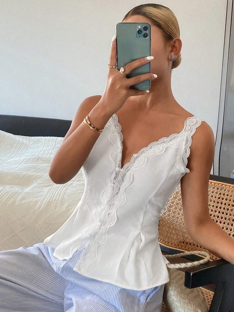 Women's Contrast Lace Tie-Waist Flared Hem Elegant Summer Vacation Camisole Top Babydoll Top