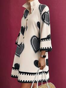 Weeklong Plus Size Casual Heart Print Button Front Shirt Dress - Multicolor - View 1