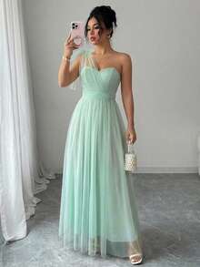 SHEIN Elenzya 无袖网纱抹胸蝴蝶结腰身A字优雅浪漫精致连衣裙，适合女士出席婚礼、聚会和派对等场合。 - 薄荷綠 - 查看 6