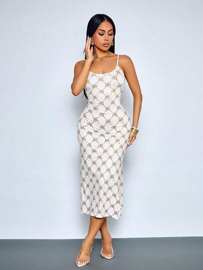 SOLERSUN Đầm dài ôm dáng dành cho nữ, xẻ tà bên, in họa tiết chữ lặp lại, thích hợp mặc hàng ngày.