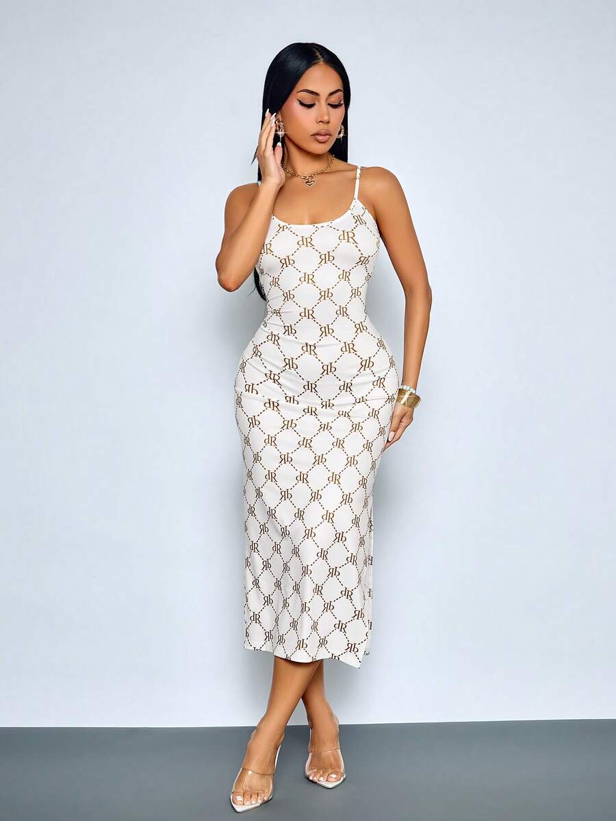 SOLERSUN Đầm dài ôm dáng dành cho nữ, xẻ tà bên, in họa tiết chữ lặp lại, thích hợp mặc hàng ngày. - trắng - Xem 1