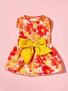 PETSIN 1pc Colorful Small Flowers And Red And Yellow Chrysanthemums With Bow Print Pet Dress, Gentle And Breathable Summer Vacation Style Sleeveless Pet Clothing - Multicolor - View 11