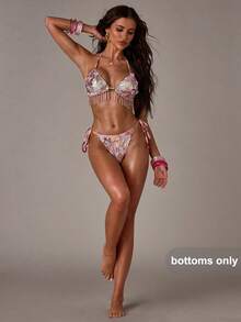 SHEIN BAE Women's Floral Pattern Bikini Bottom With Beaded Mesh And Crystal Tassel Swimwear - Pink - View 3