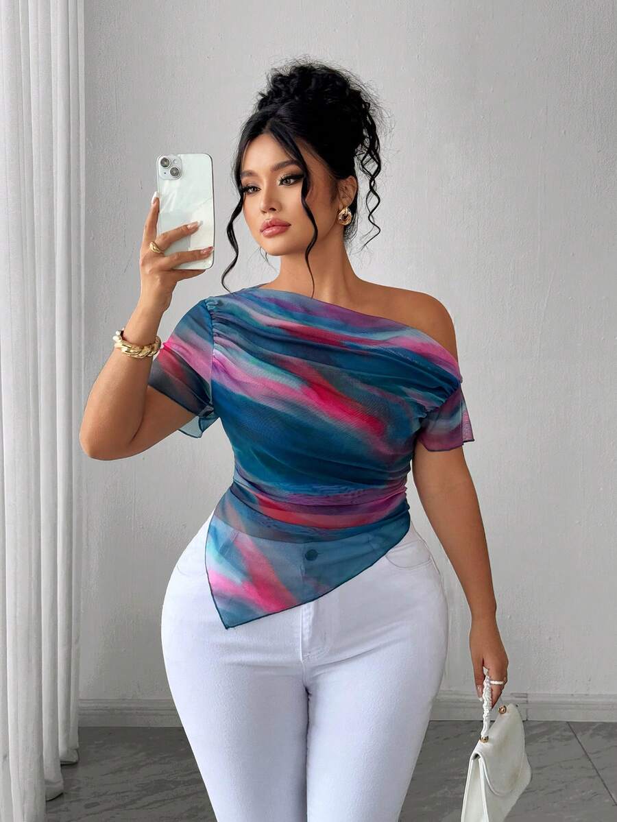 Elenzga Áo thun cỡ lớn với họa tiết ombre lưới nghệ thuật, vai bất đối xứng, kiểu dáng thanh lịch, in họa tiết. - Nhiều màu - Xem 1