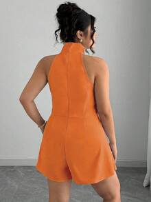 Elenzga Plus Size Elegant Orange Summer Party Romper,Ladies Casual Solid Color Collared Sleeveless Two Piece Outfits For Women Birthday Photoshoot Races - Coral Orange - View 2