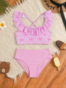 SHEIN 少女比基尼套装，可爱女孩度假学院风休闲粉色条纹蝴蝶结针织面料荷叶边装饰吊带两件式泳衣，时尚优雅女士适合游泳、夏季度假、海滩、泳池、假日派对 - 粉色 - 查看 3