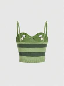 ROMWE Spring/Summer Kawaii Frog Striped Women Knit Top - Green - View 2