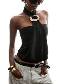 LYSMO Áo ba lỗ cổ yếm trang trí kim loại màu đen giản dị dành cho nữ, đi chơi - màu đen - Xem 1