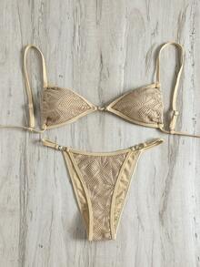 Swim Mod Conjunto de bikini de 2 piezas de estilo retro para vacaciones, playa y fiestas, con diseño elegante, casual y sexy de tirantes finos para mujer. Nuevo conjunto de bikinis de verano para vacaciones en Zante, con conjunto de bikini dorado - Café integral - Ver 1