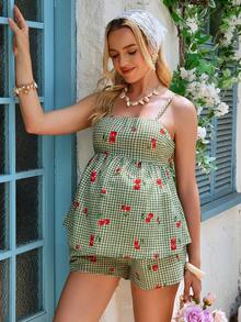 SHEIN Pregnant Women Plaid Cherry Pattern Camisole And Shorts Set - Multicolor - View 1