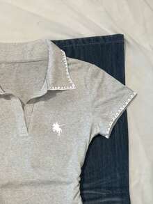 Glimmora T-shirt décontracté à manches courtes avec bordure contrastée pour femmes, été - Gris - Voir 5